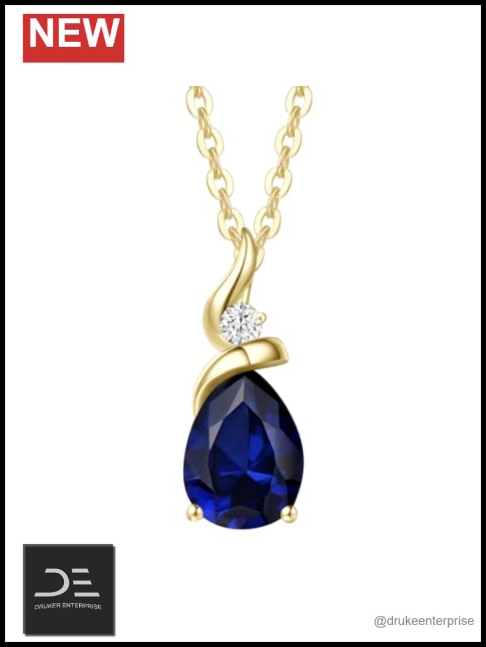 14K Gold Teardrop Pendant Necklace Created Sapphire Diamond Dainty Fine Jewelry